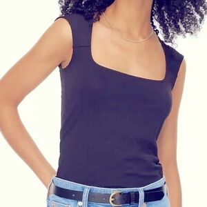 NEW J. CREW Squareneck cap-sleeve top in stretch cotton blend Navy Size Small